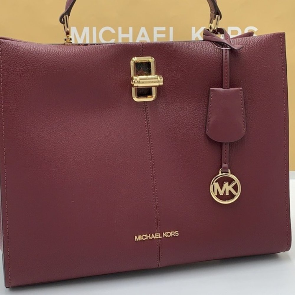 Michael Kors Penelope Large Top Handle Satchel Merlot Multi Color Leather - Picture 2 of 16